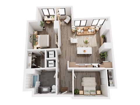 Floor plan for 2 beds, 1 bath, 943 sqft